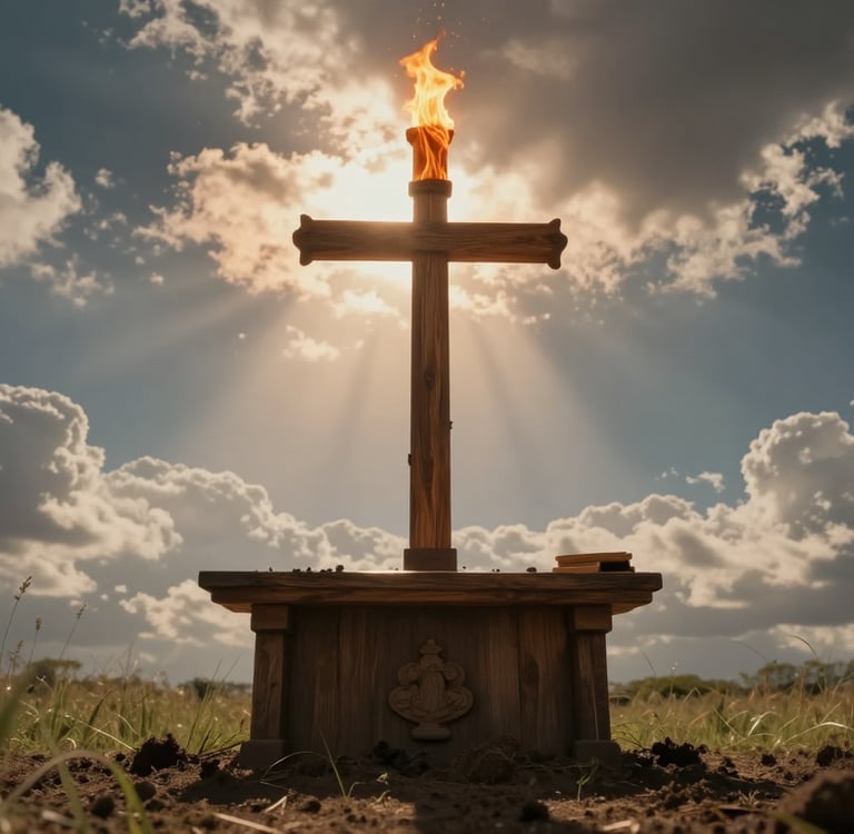 Image of a Christian altar coming out of the earth with Heavenly clouds and God rays with a flame.