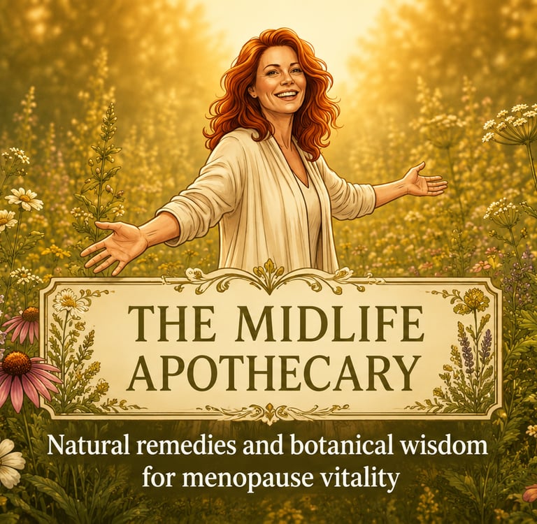 Smiling woman in a wildflower field with The Midlife Apothecary sign for menopause natural remedies.