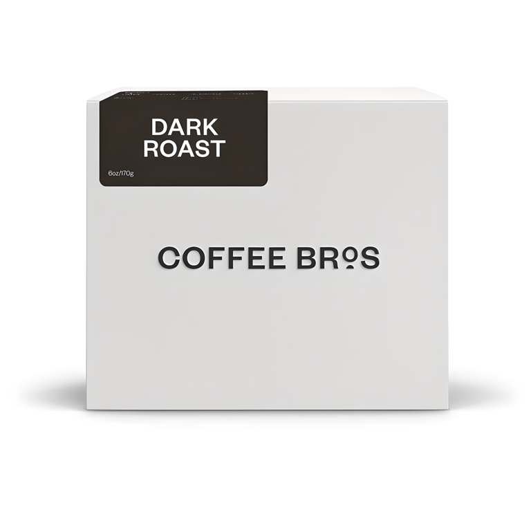 Coffee Bros dark roast coffee beans in a white box packaging mockup.