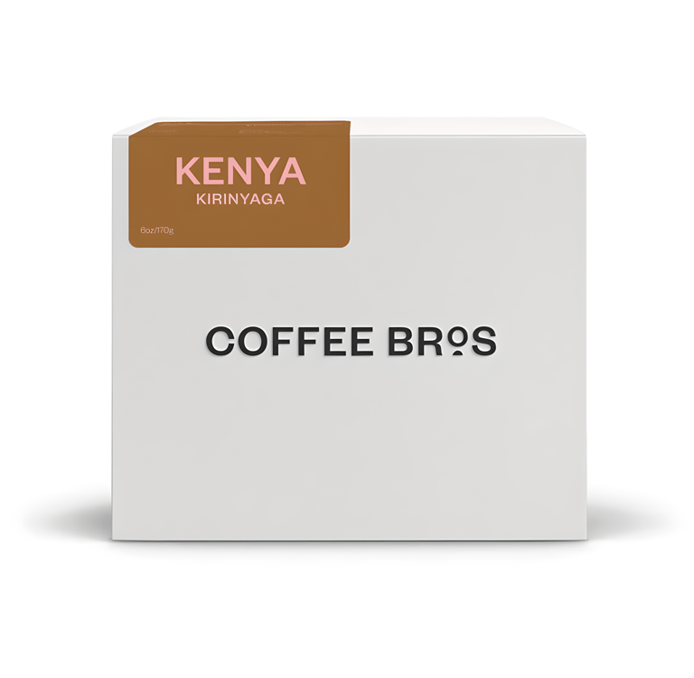 Coffee Bros Kenya Kirinyaga single-origin coffee beans in a white box packaging.