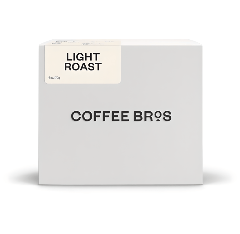 Minimalist white box of Coffee Bros Light Roast whole bean coffee, 6oz packaging.