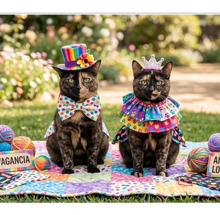 imagen de pareja de gatos con sombreros y gorros de colores