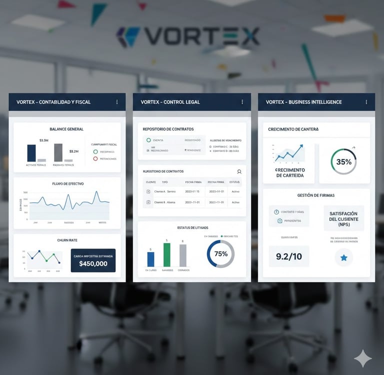 Tablero de control de la membresía VORTEX para seguimiento continuo legal y fiscal