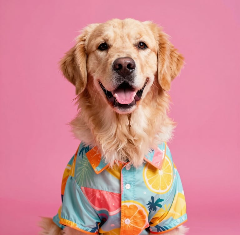 Un alegre golden retriever luce una colorida camiseta con estampado de frutas tropicales sobre un fo