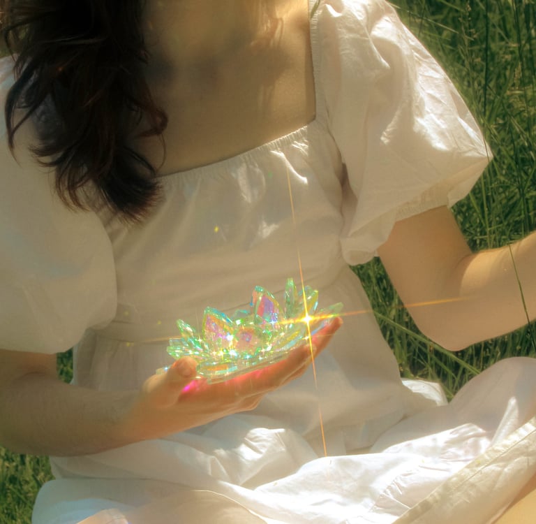 Creative cinematic detail image of model and prism in a park in northern virginia at golden hour