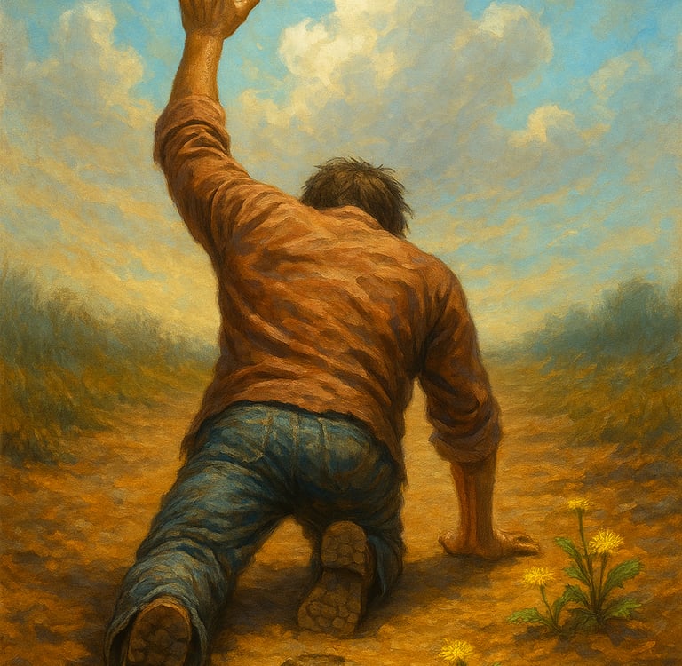 Impressionist oil painting of a man kneeling on a dirt path reaching up toward a cloudy blue sky.