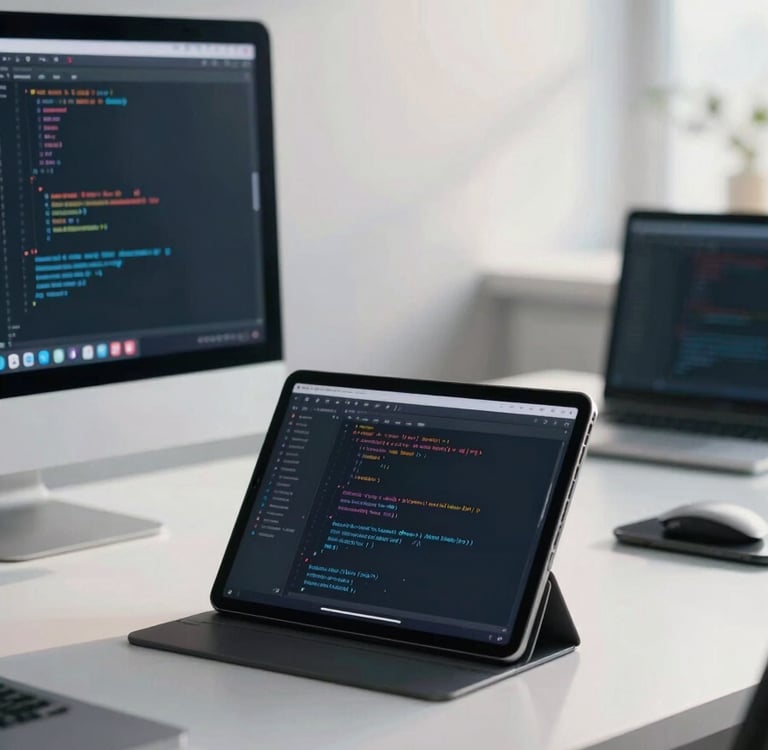 A modern Global / International tech workspace with a clean desk, a tablet showing code, and soft morning light, incorporating misty white and muted steel blue tones.