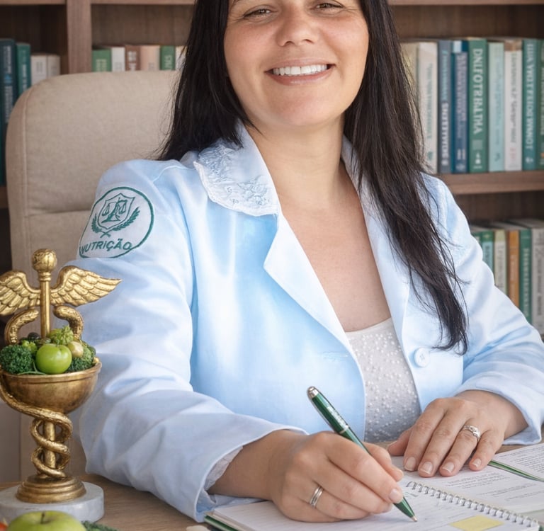 Smiling female nutritionist in a white lab coat writing a meal plan at her desk with healthy food.
