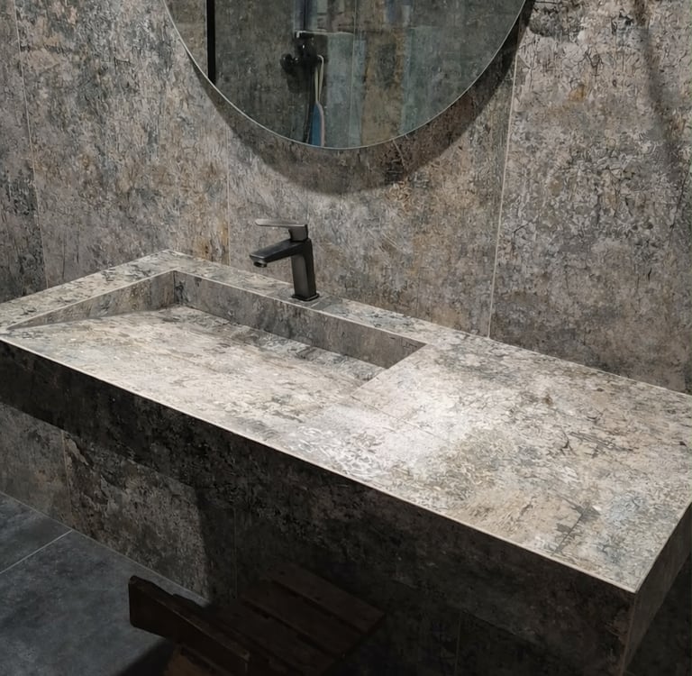 Kriauklė iš plytelių sumontuota vonioje