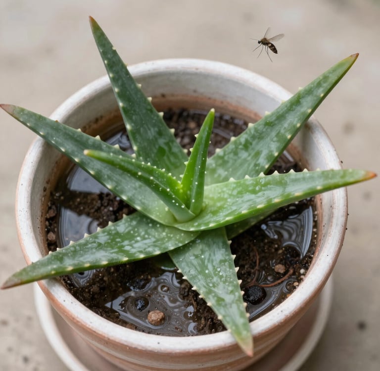 A green aloe vera succulent plant in a ceramic pot with a fungus gnat flying nearby.