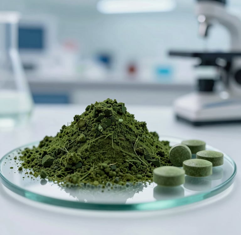 Organic green spirulina powder and tablets on a glass tray in a laboratory setting with a microscope.