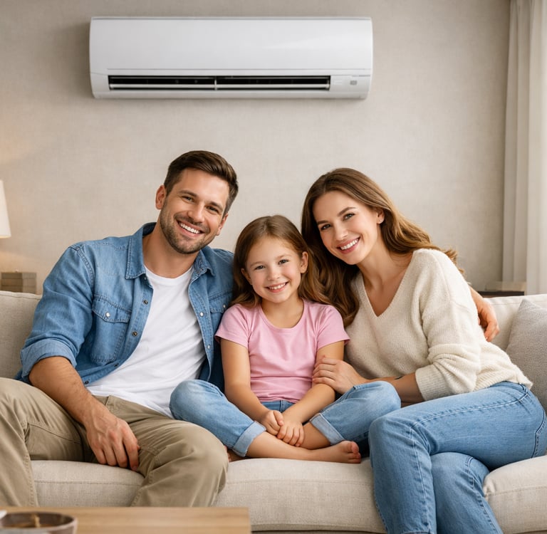 A happy family sitting on a sofa under a wall-mounted mini-split air conditioner.