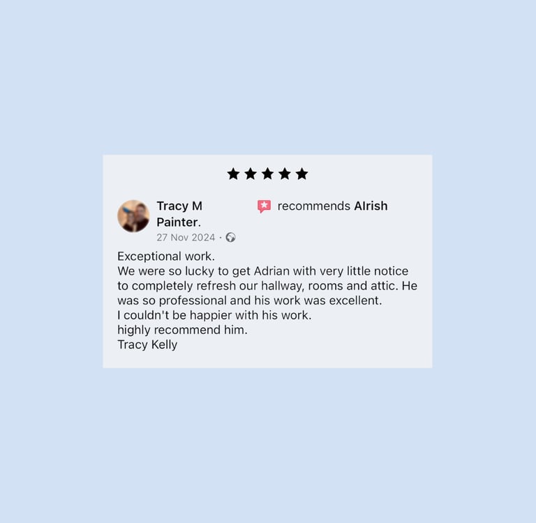 Five-star customer review for Alrish professional painting services for hallway and attic renovation.