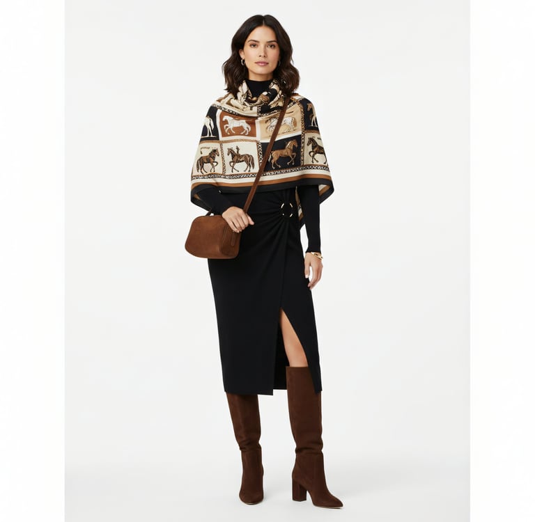 a woman in a midi dress, scarf and boots standing in front of a white background