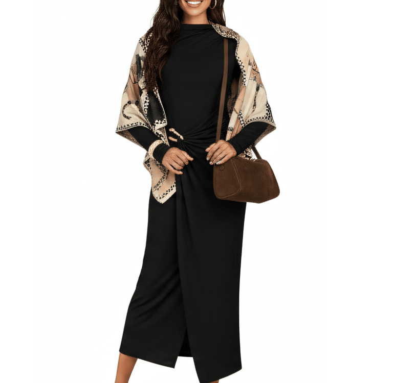 a woman in a black dress with crossbody handbag and sandals