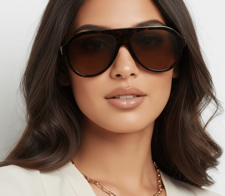 a woman wearing brown sunglasses