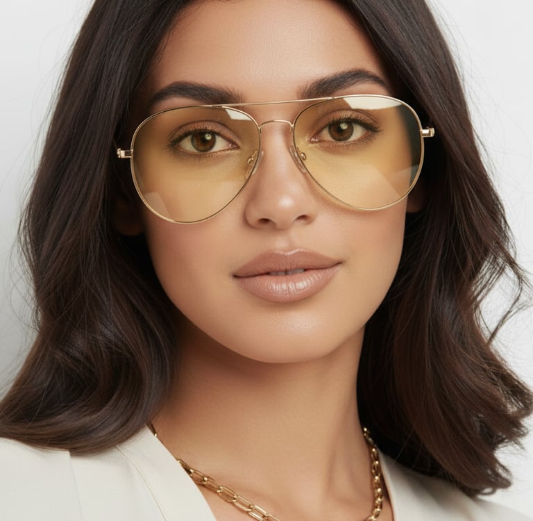 a woman wearing a white shirt and sunglasses with yellow tint