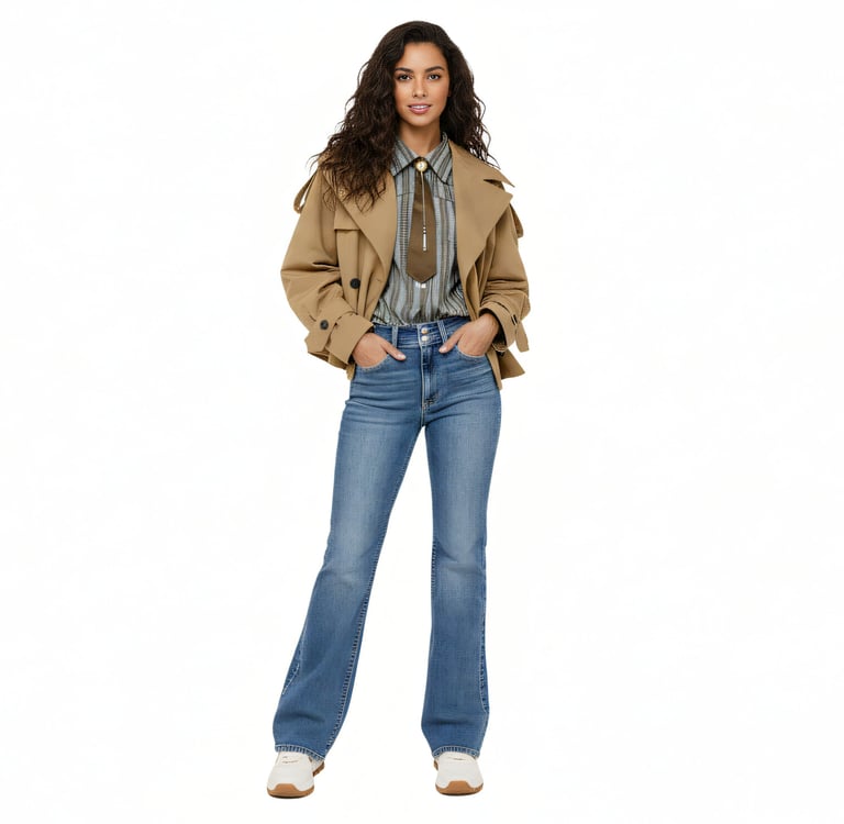 a woman in jeans, vest and a jacket standing in front of a white background