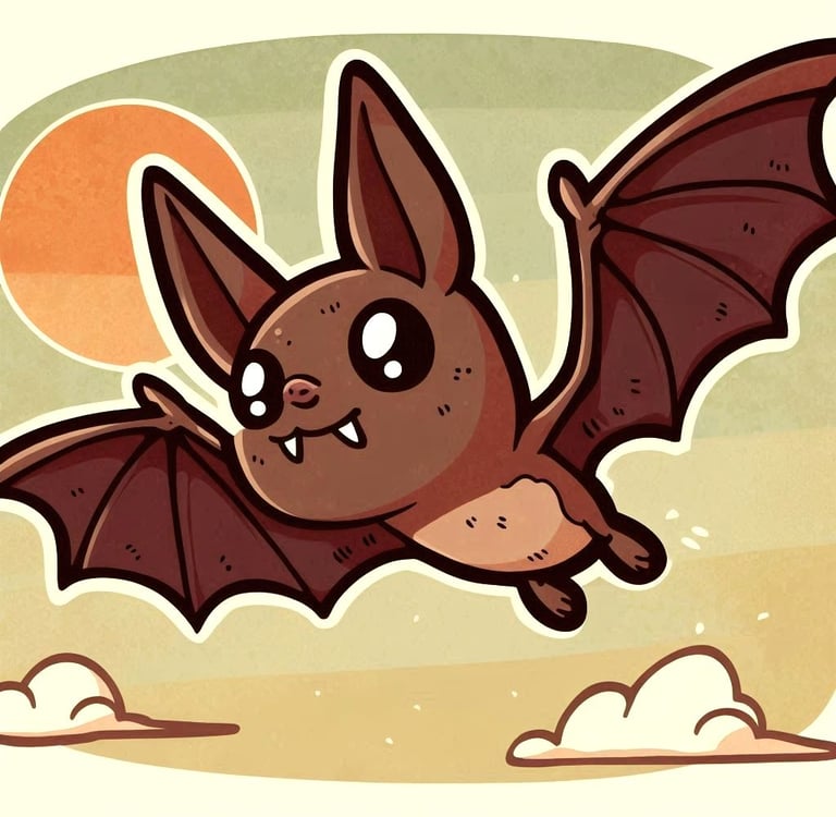 A cute cartoon image of a bat flying in the sky