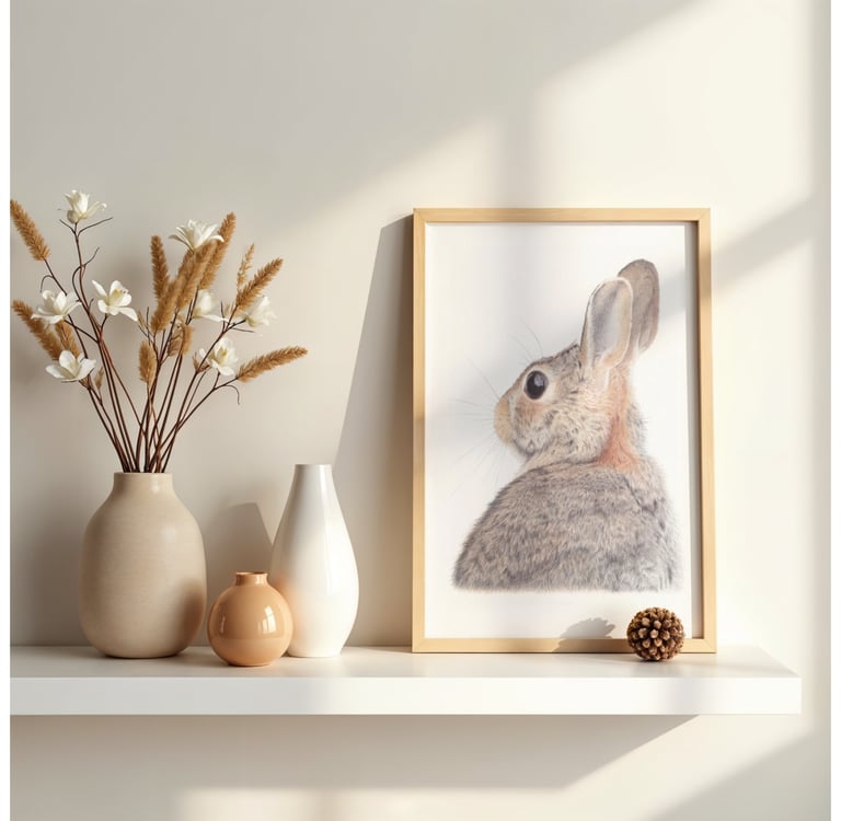 a rabbit drawing next to a vase with flowers
