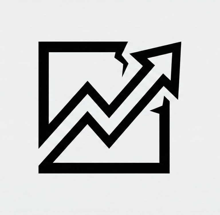 minimalist icon of sharp upward arrow in stock chart style breaking through a solid square frame top
