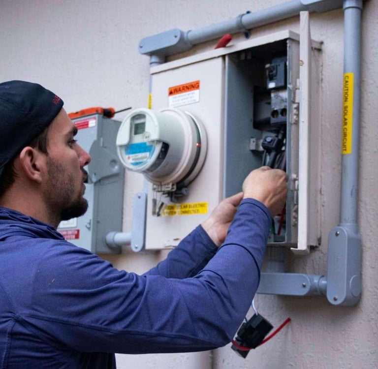 HVAC technician performing seasonal maintenance on an air conditioning unit at a Columbus Ohio home
