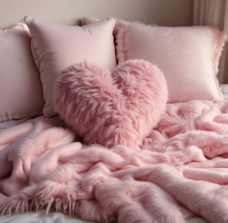 A cozy bedroom corner decorated with lace curtains, faux leaves, and soft baby pink bedding.