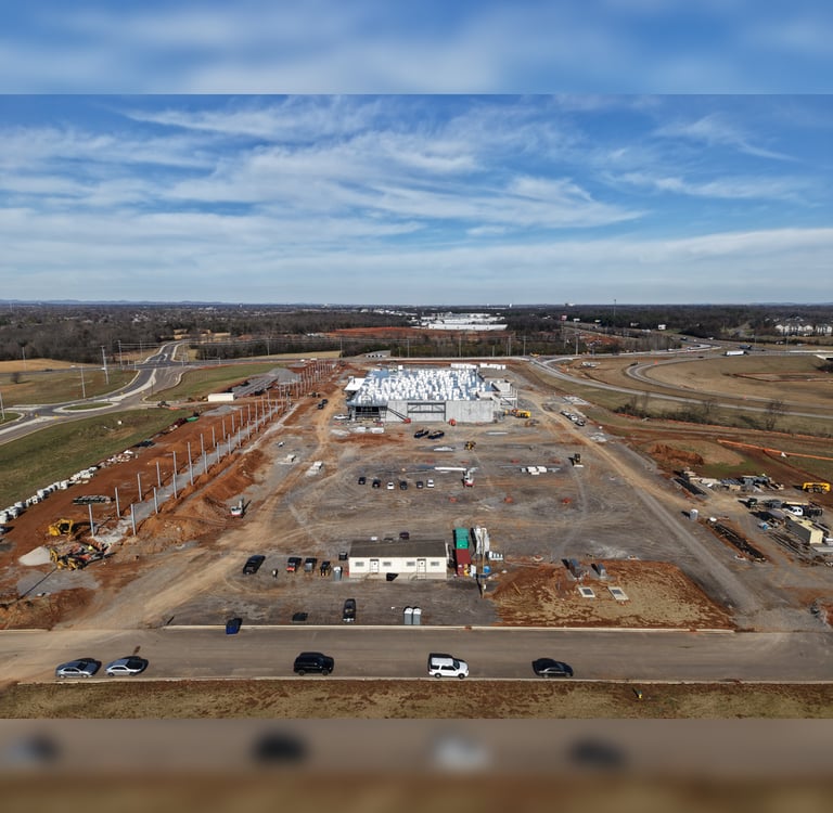 Aerial drone view of construction progress at the new Buc-ee’s site in Murfreesboro, TN, showing hor