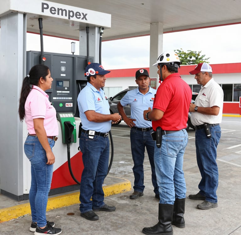 A professional consultant discussing inspection results with a client at a fuel station.