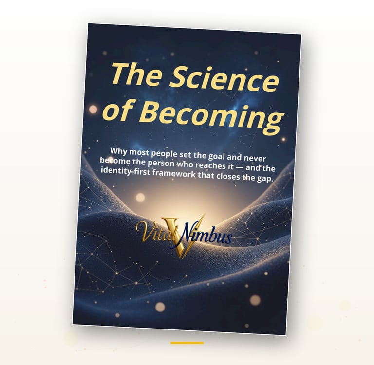 The Science of Becoming book cover featuring Vital Nimbus identity-first framework and cosmic background.