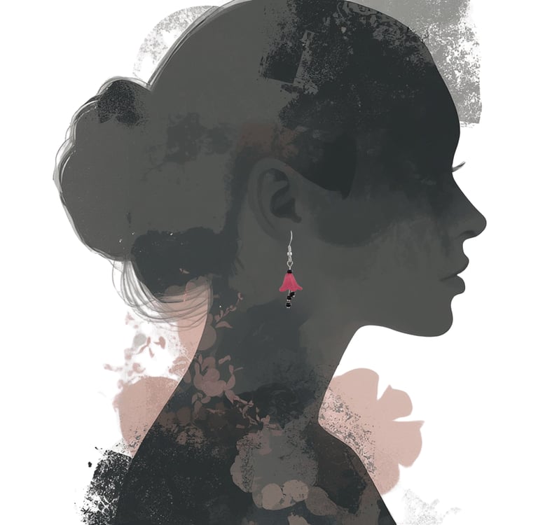 Artistic silhouette of a woman wearing a pink bell-shaped floral earring with a bun hairstyle.