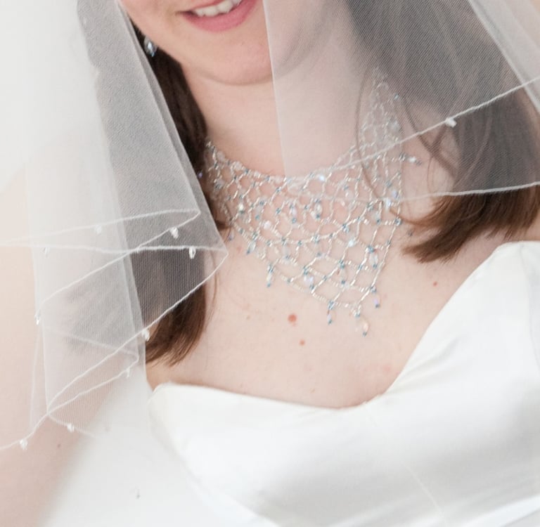 Close-up of a bride wearing an intricate beaded crystal necklace with a white wedding dress and veil.