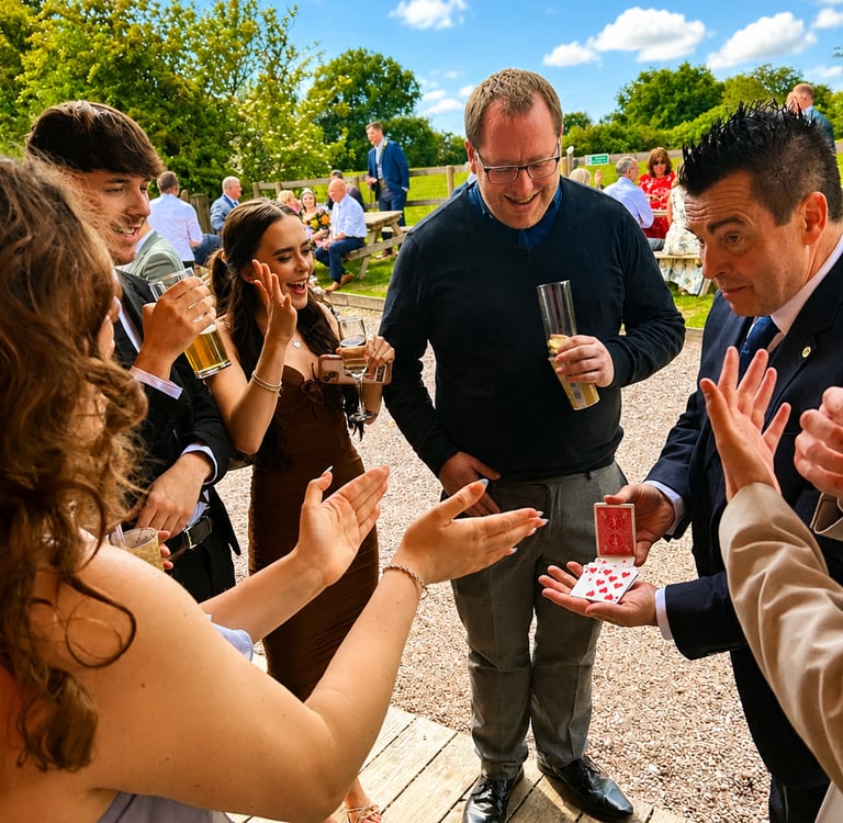 wedding magician Danny Hunt performing to guests at a wedding in the North East