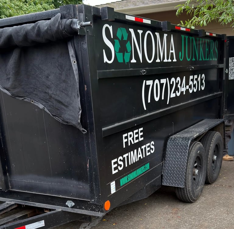 Sonoma Junkers trailer backed up to a garage with the doors open