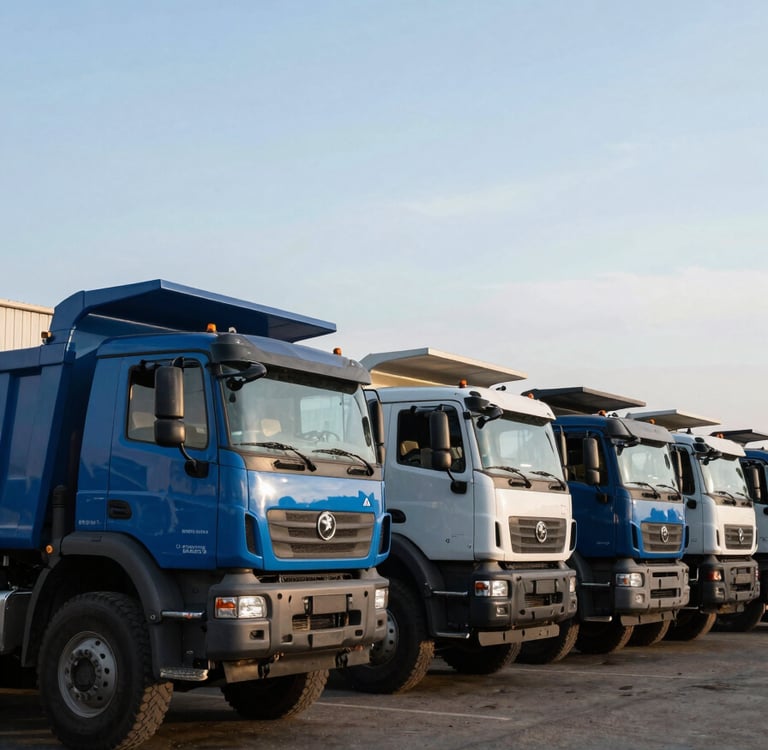 A line of new, clean heavy-duty dump trucks parked in a lot under a clear sky in a Eastern European / Russian industrial park, Dusty Blue and Steel Blue metallic reflections.