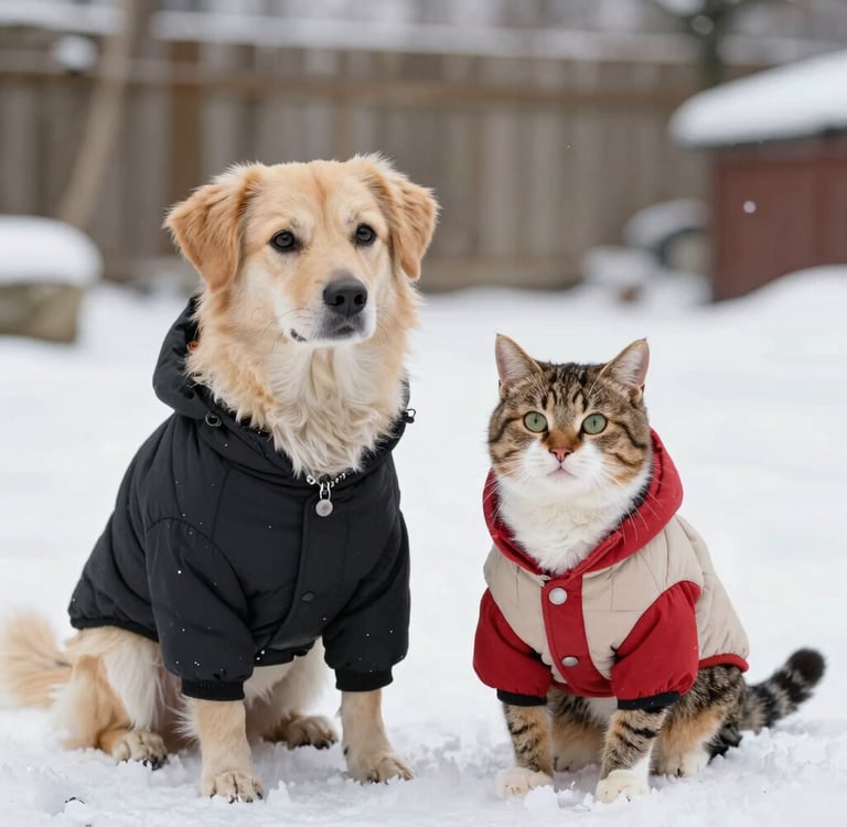 Un perro dorado y un gato atigrado, ambos con abrigos de invierno abrigados, están sentados juntos