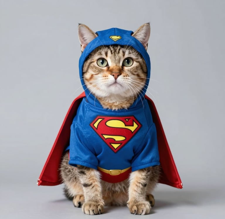 Adorable gato atigrado con un disfraz azul de Superman, con capa y capucha rojas