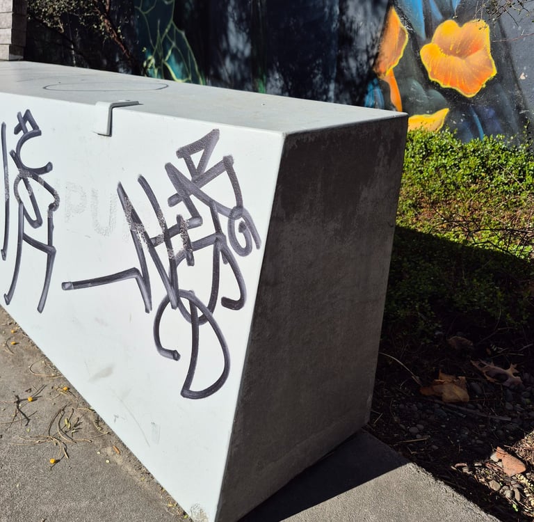Black spray paint graffiti tag on a white concrete park bench near a colorful mural.