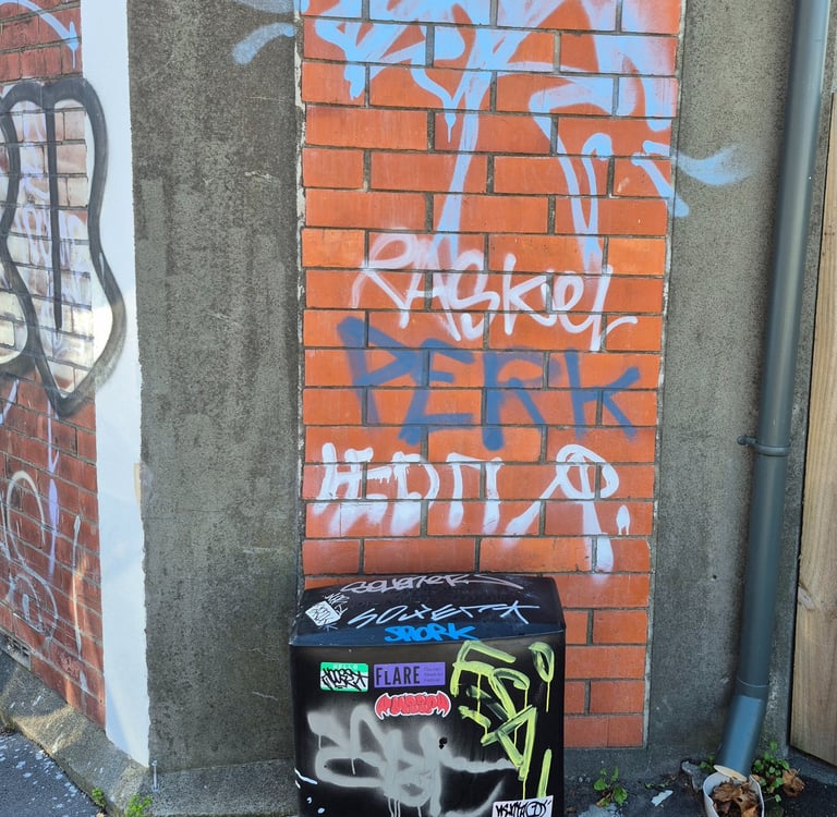 Urban street art with colorful graffiti tags on a red brick wall and a black utility box.