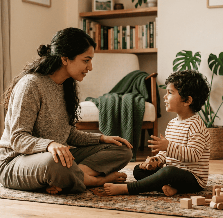 Parent listening to child at eye level, showing trust and boundaries