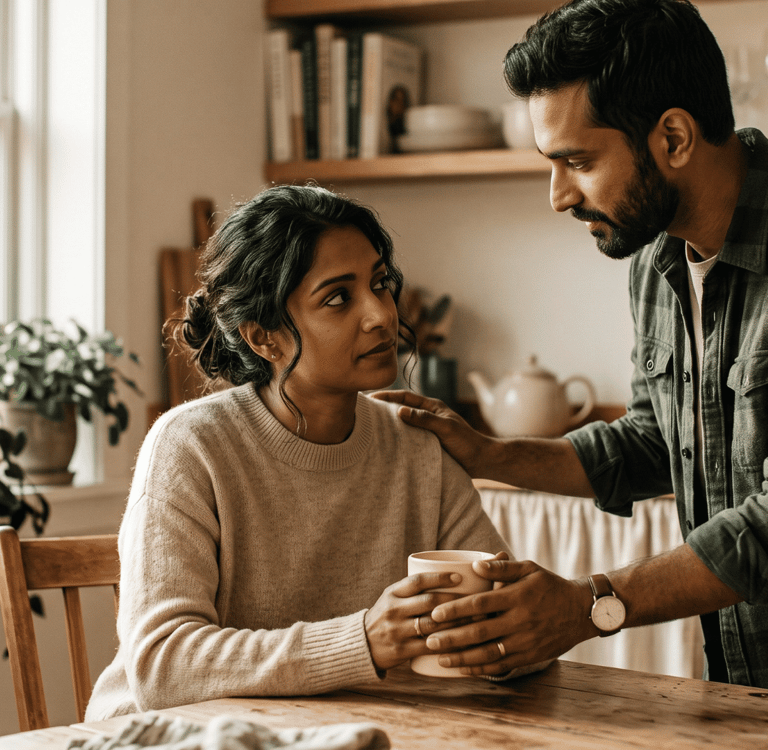 Couple sharing a tender moment of support in a kitchen
