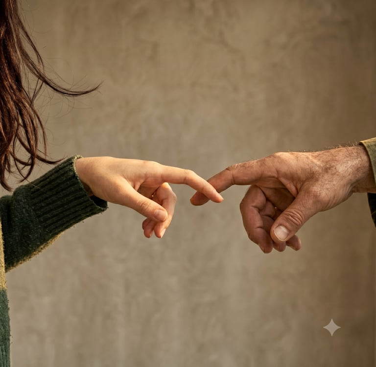 Two hands gently connecting each other against a warm background, representing relationship healing 