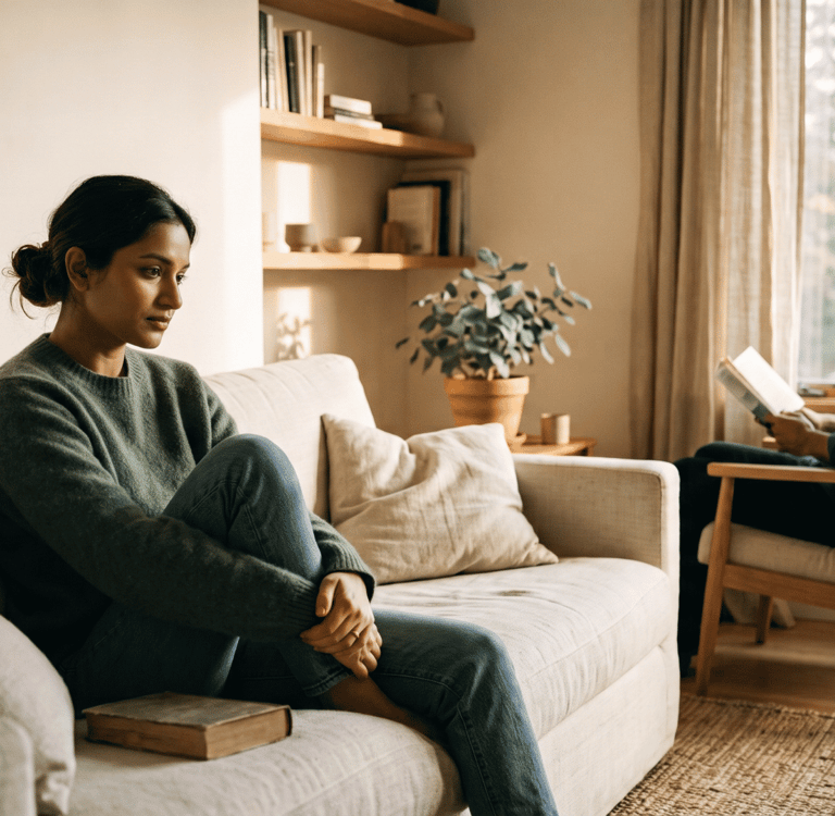 Couple in a quiet room illustrating relational distance and subtle anxiety
