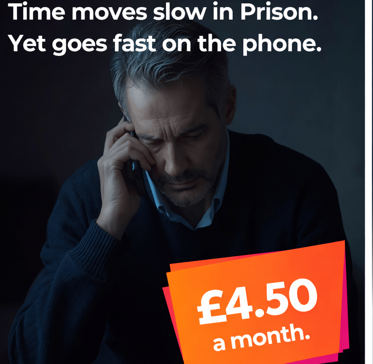 A man on a phone call with text about prison phone service costs for four pounds fifty a month.