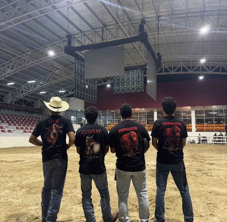 Four men in cattle breed t-shirts standing in a rodeo arena under indoor stadium lights.