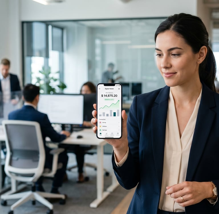 Professional reviewing financial app on smartphone in office setting