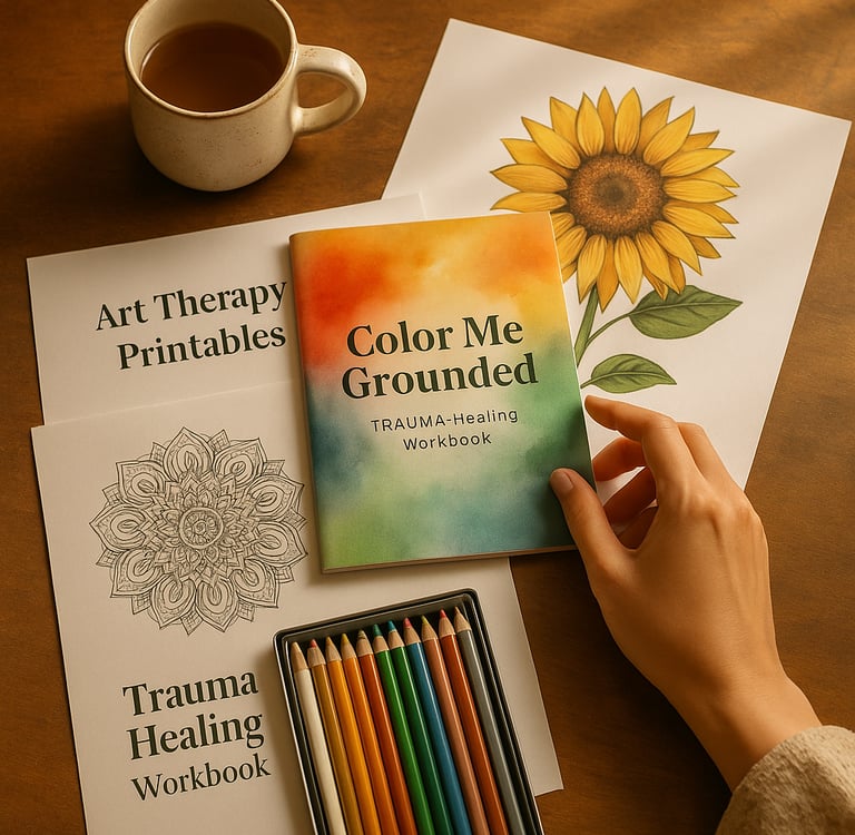 Flat-lay of trauma healing workbooks, sunflower drawings, and colored pencils