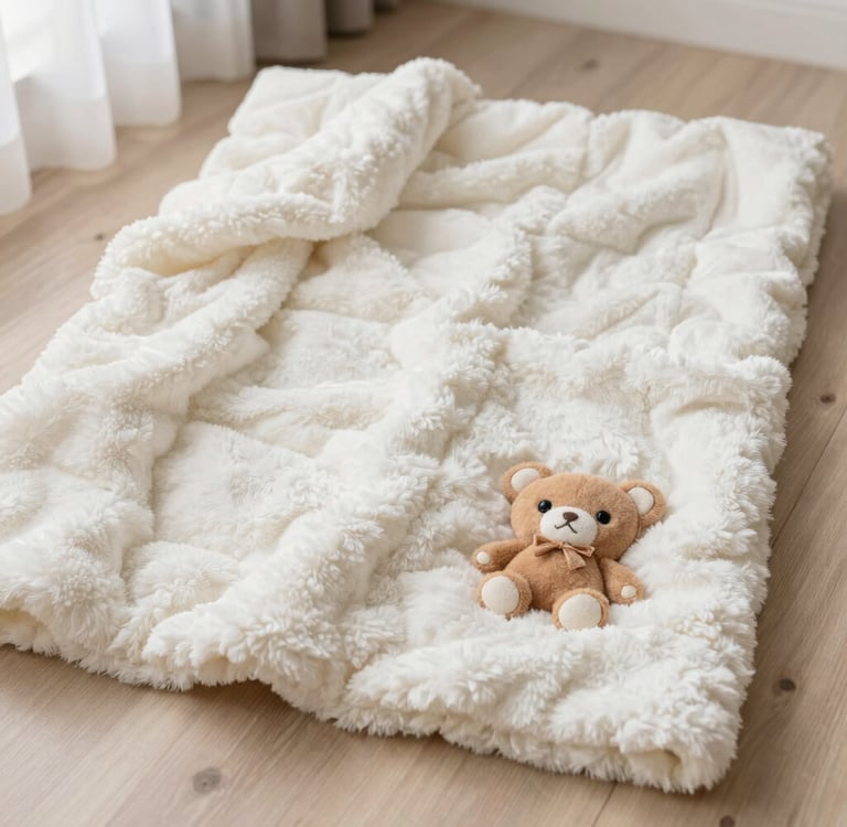 A soft, warm nursery corner with plush pillows in dusty rose and cream, bathed in gentle light.