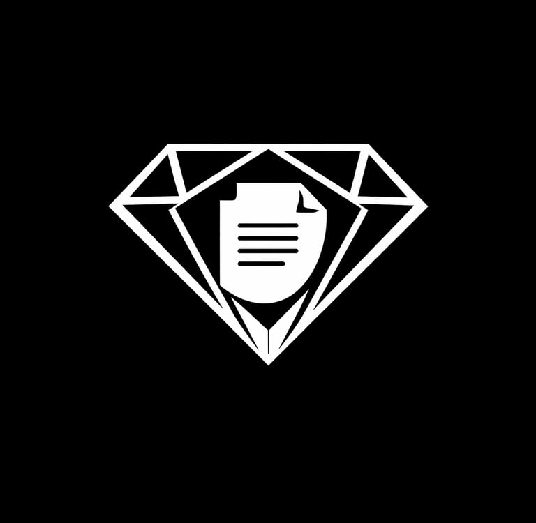 White diamond outline logo featuring a document icon for secure data and premium content management.