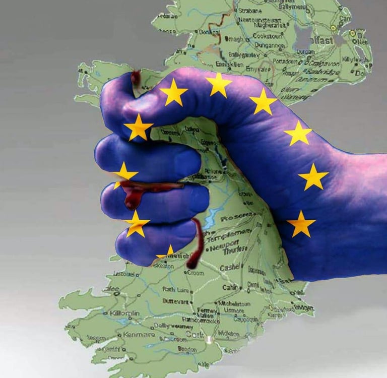 A fist coloured as the EU flag throttles a map of Ireland
